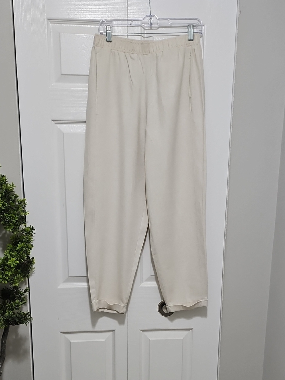 Women's  Cream Elastic-Waist Casual Pants